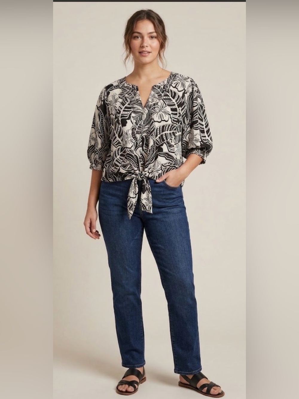Rose & Olive Black and Ivory Floral Tie-Knot Front Blouse - Sz Large